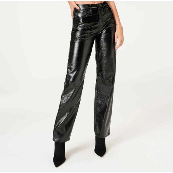 Good American ‘90s Texturized Vinyl Pants Black Size 12 / 31 High Rise Wide Leg - Picture 1 of 4